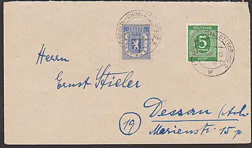 SBZ BERLIN-CHARLOTTENBURG 2,  20 Pf Berliner Bärenausgabe in MiF mit Ziffern