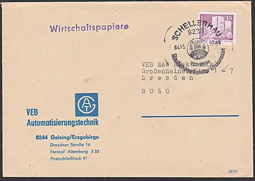 SCHELLERHAU WSt. Staatlich anerkannter Erholungsort Werbestempel 1987 Geising Erzgebirge Automatisierungstechnik