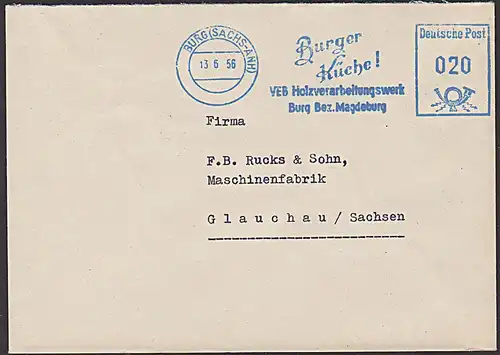 Burg (Sachs-Anh) AFS "Burger Küche! VEB Holzverarbeitungswerk"  =020=  Dienstpost 1956