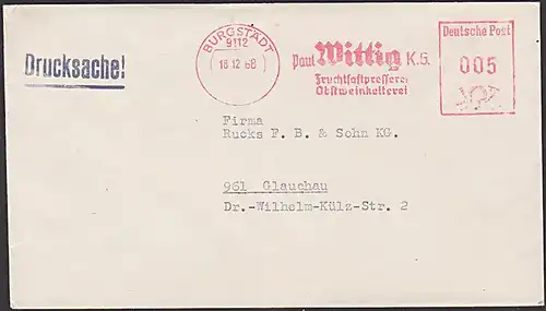 Burgstädt AFS "Paul Wittig K. G. Feuchtsaftpresserei Obstweinkelterei"  =005=  Drucksche 1968