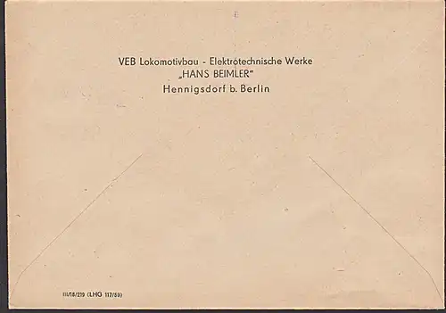 GDR Railway transportation AFS HENNINGSDORF (b. BERLIN)  DDR 1959 image  E-Lok Dienstpostbeleg