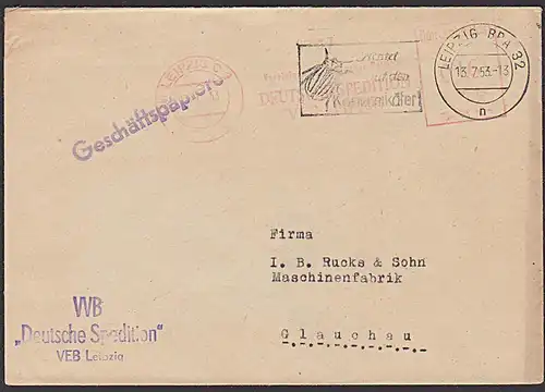 GDR  potato beetle Kartoffelkäfer Cover with AFS LEIPZIG and MWSt. 1953 Abs. VVB "Deutsche Spedition"