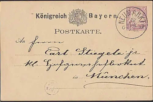 Bayern NEUMARKT a R(OTT)  5Pf Ganzsachenkarte nach München 1882