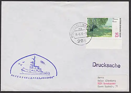 Wilhelmshaven 1972 "Hafenschlepper NEU ENDE"  auf Ds-Brief mit Berliner Frankatur Max Liebermann