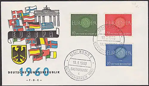 EUROPA-Ausgabe 1960 auf FDC mit Brandenburger Tor und den  19 Flaggen der Euroländer
