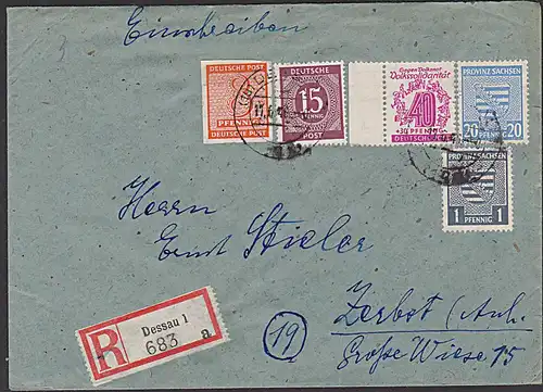 DESSAU in MiF Ziffern und Prov. Sachsen portogenau SBZ 117Y 8 Pf Ziffer steigendes Wz. R-Brief
