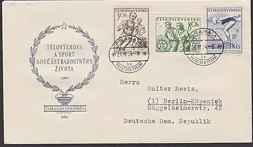 Ceskoslovenkso CSR 856-858 FDC Sport Toristik Schwimmen 1954