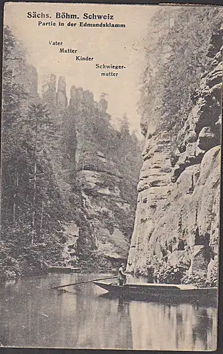 Sächsisch Böhmische Schweiz Edmundsklamm mit "Vater Mutter Kinder und Schwiegermutter" 1925