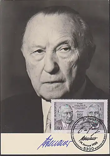 MC Konrad Adenauer Bundeskanzler MC BRD Maxkarte 25 Jahre Deutsch-französiche Zusammenarbeit 1988 Germany