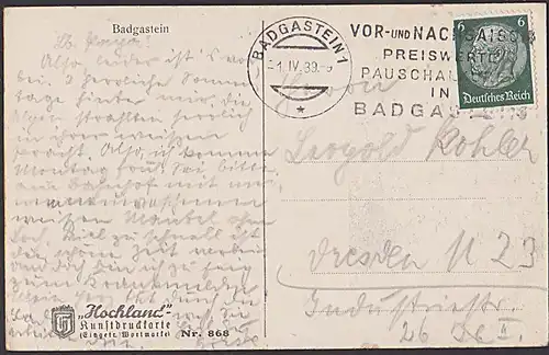 BAD GASTEIN mit Text  1939, Werbest. "Vor- und Nachsaison Pauschalwerte ..." Kunstdruckkarte Nr. 868