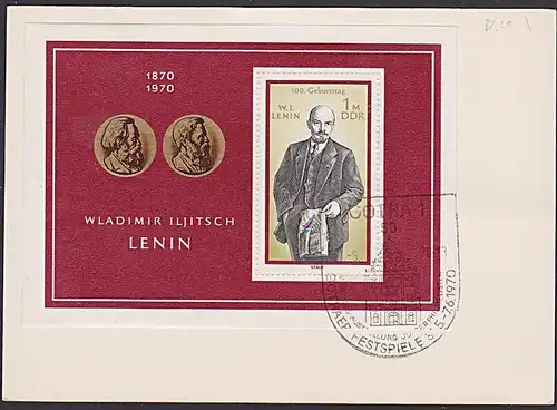 Lenin Waldimir Iljitsch 100. Geburtstag  1870 - 1970 Sonderblock (Bl. 31) der DDR auf Unterlage SSt. aus Gotha