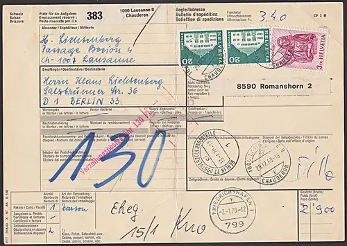 Schweiz Lausanne Romanshorn Berlin Postverzollungsstelle Auslandspaketkarte 1969 Verzollungsgebühr