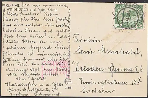 Waidhofen a. d. Ybbs Schloss mit Zensur "Überprüft WIEN" 1915 nach Dresden