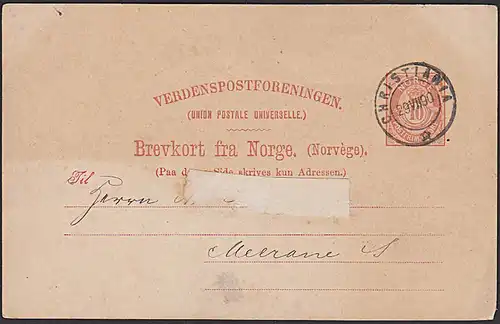 Norge Norwegen Brevkort CHRISTIANIA 1900 Ganzsachenkarte nach Meerane in Sachsen