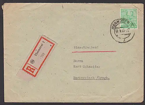Hannover 84 Pf. Kontrollratsausgabe II R-Brief 1947  Verpackungswerke Günther Wagner H-Hainholz