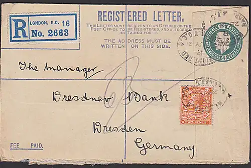 London E. C. 10 registered letter to Dresden Germany  Dresdner Bank 1921 Ganzsache