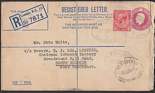 London E. C. 10 registered letter to South Reddish Tobacco Factory 1934 Ganzsache