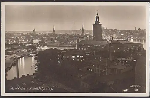 Stockholm i kvällsbelysning  Photo-AK Stadt in Abenddämmerung