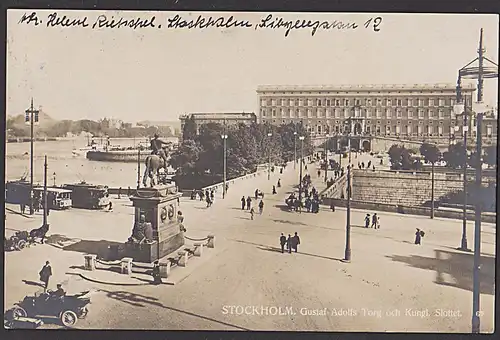 Stockholm  Photokarte 1920 Gustaf Adolfs Torg och Kungl. Slottet, königliches Schloss  Straßenbahn