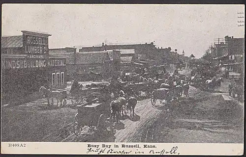 Busy day in Russell Kans, Photokarte 1903 Straßenansicht mit Pferdewagen