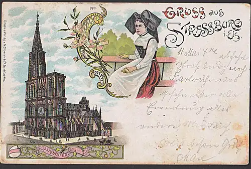 Strassburg Gruss aus Litho um 1900 mit Elsässer Tracht und Münster Strasbourg