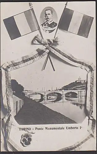 Torino Turin Ponte Monumentle Umberto I.  Photo-Karte um 1907 Brücke, Stiefmütterechen Fahne