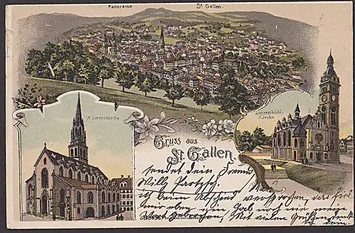 St. Gallen Litho Gruss aus  mit Lingenbühl-Kirche St. Lorenzkirche  CAK  von 1902 nach Dresden Löbtau