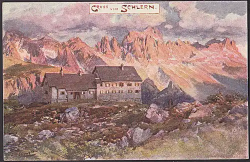 Gruss vom Schlern sig. Künstlerkarte, Schlernhaus 1902 rs. ungebraucht mit Stempel D. u. Österr. Alpen-Verein Bozen