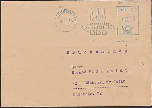 ROSSLAU (ELBE) AFS =005= Dienstpost VEB Hydrierwerk Rodleben 1958 "Hochwertige Arzneimittel .." Ampullen