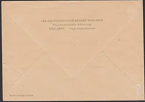 ROSSLAU (ELBE) AFS =005= Dienstpost VEB Hydrierwerk Rodleben 1958 "Hochwertige Arzneimittel .." Ampullen