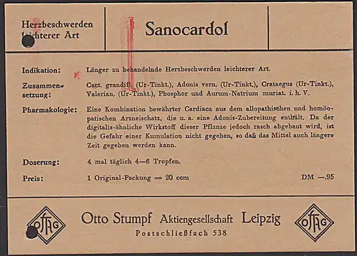 DDR AFS =006= LEIPZIG  Otto Stumpf AG Karte Werbung: "Sanocardl" Medizin Aktenlochung