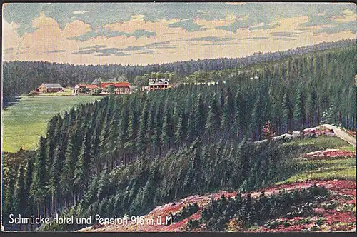 Schmücke Thüringen mit seltenem Stempel "SCHMÜCKE" Hotel und Pension unsign. Künstlerkarte