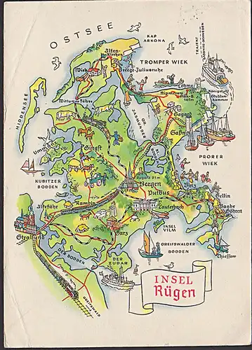 "Insel Rügen" illustriete Landkarte gezeichnet von A. Hoppe Leipzig Nr. 8007, Greifswalder Bodden