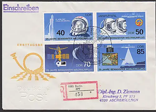 Jurij Gagarin Waleri Bykowski Sigmund Jähn DDR 3005/08 Zdr. FDC "25 J. bemannter Weltraumflug"