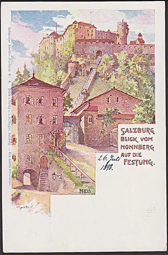 Mell Künstlerkarte 1898 Salzburg "Blick vom Nonnenberg auf die Festung" Verlag Huttegger N: 6
