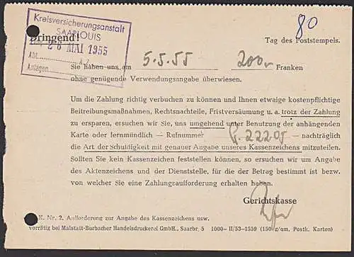 Saarland "Frei durch Ablösung" Saarbrücken 1955 Gerichtskasse Dienstsiegel MWSt. 2. Bauaustellung im Bexbacher .."