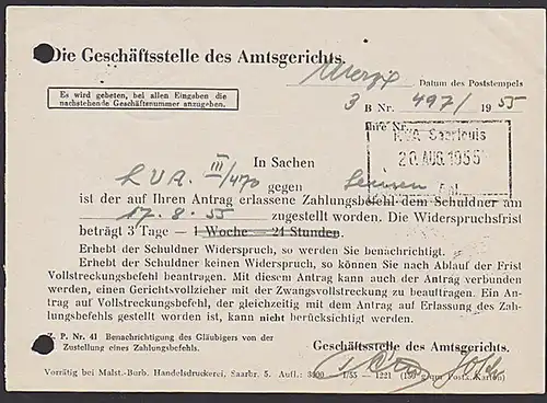 Saarland "Frei durch Ablösung" MERZIG 1955 Amtsgricht Dienstsiegel