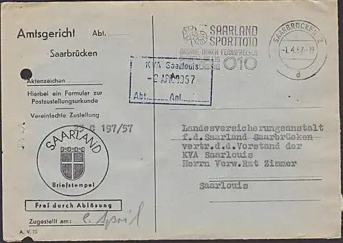 Saarland "Frei durch Ablösung" Saarbrücken MWSt. "Saarland Sporttotto Ansage ..." 1957 Amtsgricht