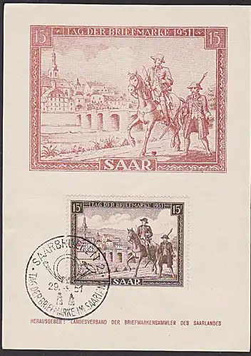 MC 305 Tag der Bfm 1951 FDC Postbote zu Pferd SoSt. Saarbrücken Maxkarte MC