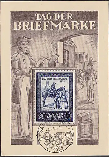MC 316 30+10 Fr TdBfm 1952 Maxkarte Reitender Postbote Ludwigskirche Saarbrücken SoSt. Kongress