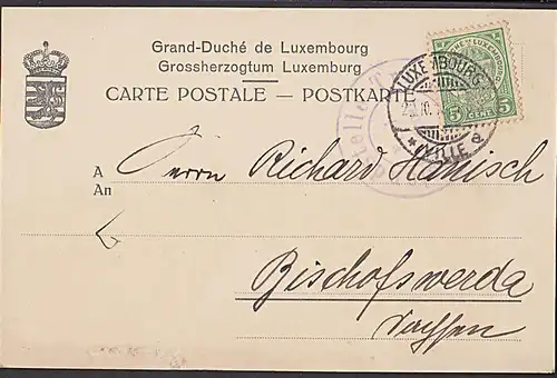 Luxemburg Karte nach Bischofswerda / Sachsen mit Kontrolle "Auslandsstelle Trier Freigegeben" 1915