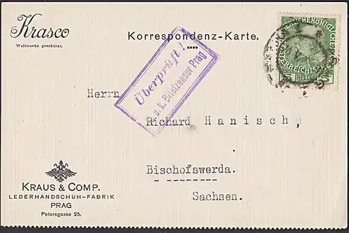 Österreich 5 Heller Franz Joseph Karte aus PRAHA PRAG Lederhandschuh-Fabrik mit Kontrolle "Überprüft" 1916