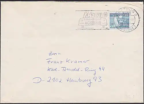 COTTBUS CHOSEBUZ MWSt. KASKO Finanzielle Sicherheit Abb. eines Personenkraftwagen Pkw, Auslandsbrief, Karl Marx