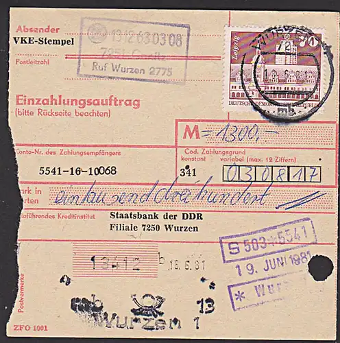 CANITZ PSSt. von Wurzen (44) DDR 1881 Einzahlungsauftrag 70 Pf Leipzig Altes Rathaus