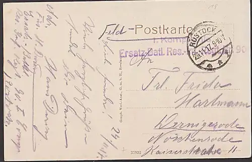 Rostock Blücherdenkmal Feldpostkarte 1. Kompanie Ersatz-Bat. Regiment-Nr. 90 1917 Ak