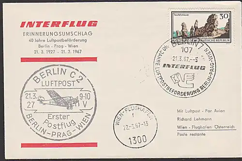 Berlin - Prag - Wien DDR 1183 Luftpost  1977 mit D 710 erster Postflug Erinnerung Frankatur Teufelsmauer