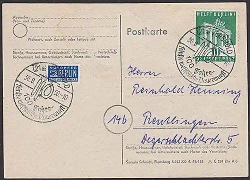 VERSMOLD BiZ 101, 10 Pf Brandenburger Tor Berlin mit NO-Marke SSt. 100 Jahre feinste westfälische Dauerwurst 30.8.50