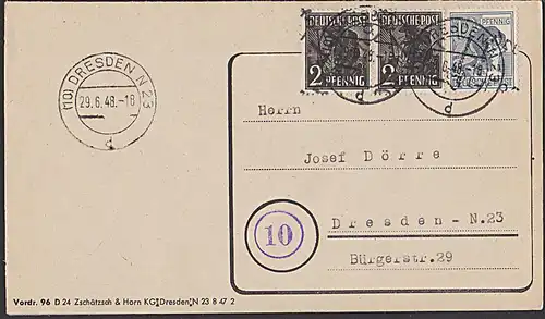 Germany Bezirkshandstempel Bezirk 14: 166, 170 ; 2(2) und 12 Pfg. Ortsbrief DRESDEN N23 29.6.48 Währungsreform
