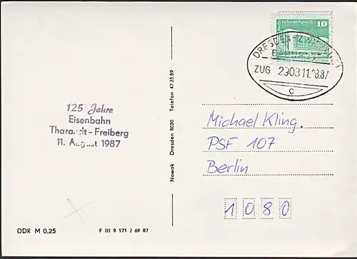 Tharandt Bahnhof 125 Jahre Tharandt - Freiberg Bahnpoststempel Dresden - Zwickau 1987