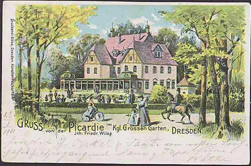 Dresden 23.1.1901 Ortskarte Gruss von der Picardie im Königlichen Großen Garten Künstler Postkarte nach Blasewitz